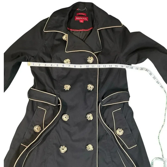Merona Ladies Small Trench Coat Black /Beige W/Buttons and Belt Water Repellent - Picture 8 of 13
